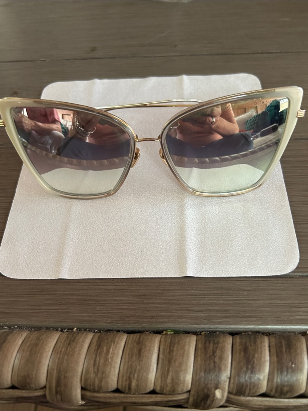 DITA Women's Cream and Gold Cat-Eye Sunglasses with Mirrored Lenses